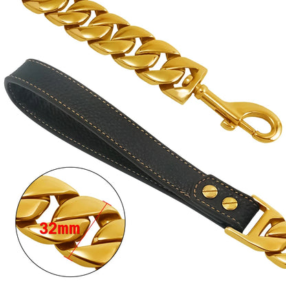 Dog Leash Pet Collar Lead Stainless Steel Super Strong Gold Collar Chain Customized 32mm Bulldog Pitbull Large Dog Collar Leash